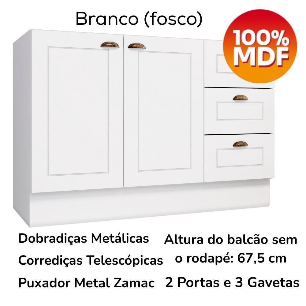 Balcao Pia 2 Portas 3 Gavetas 120 Cm C353 Americana Branco Henn Branco - 3