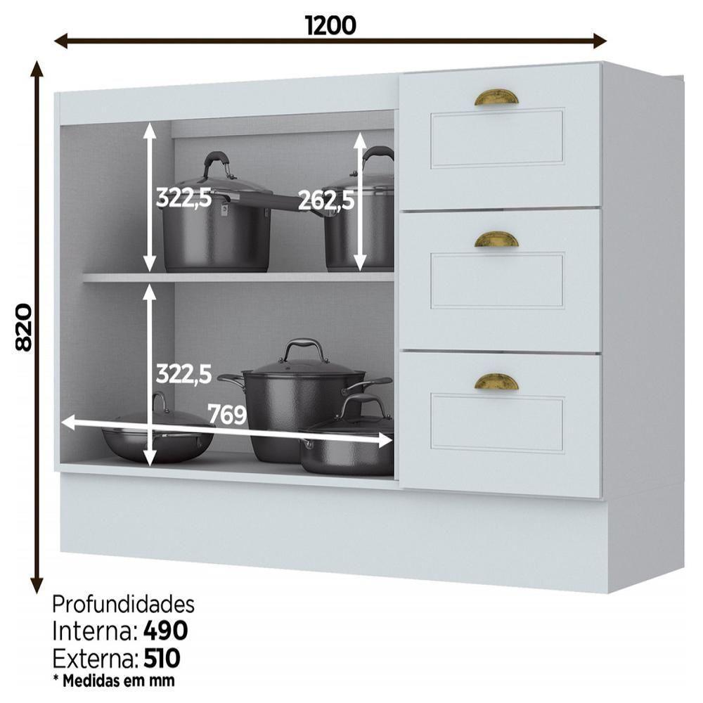 Balcao Pia 2 Portas 3 Gavetas 120 Cm C353 Americana Branco Henn Branco - 7