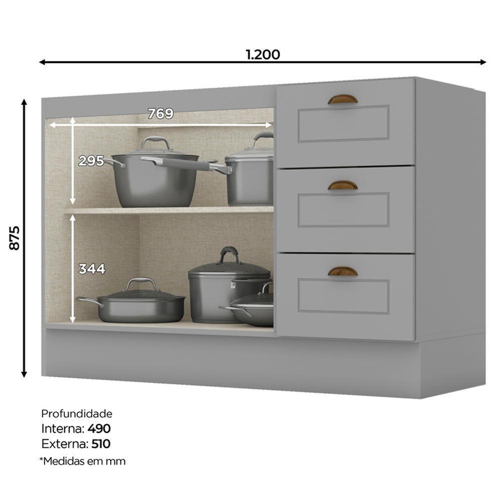 Balcao Pia 2 Portas 3 Gavetas 120 Cm C353 Americana Cinza Henn Cinza - 2