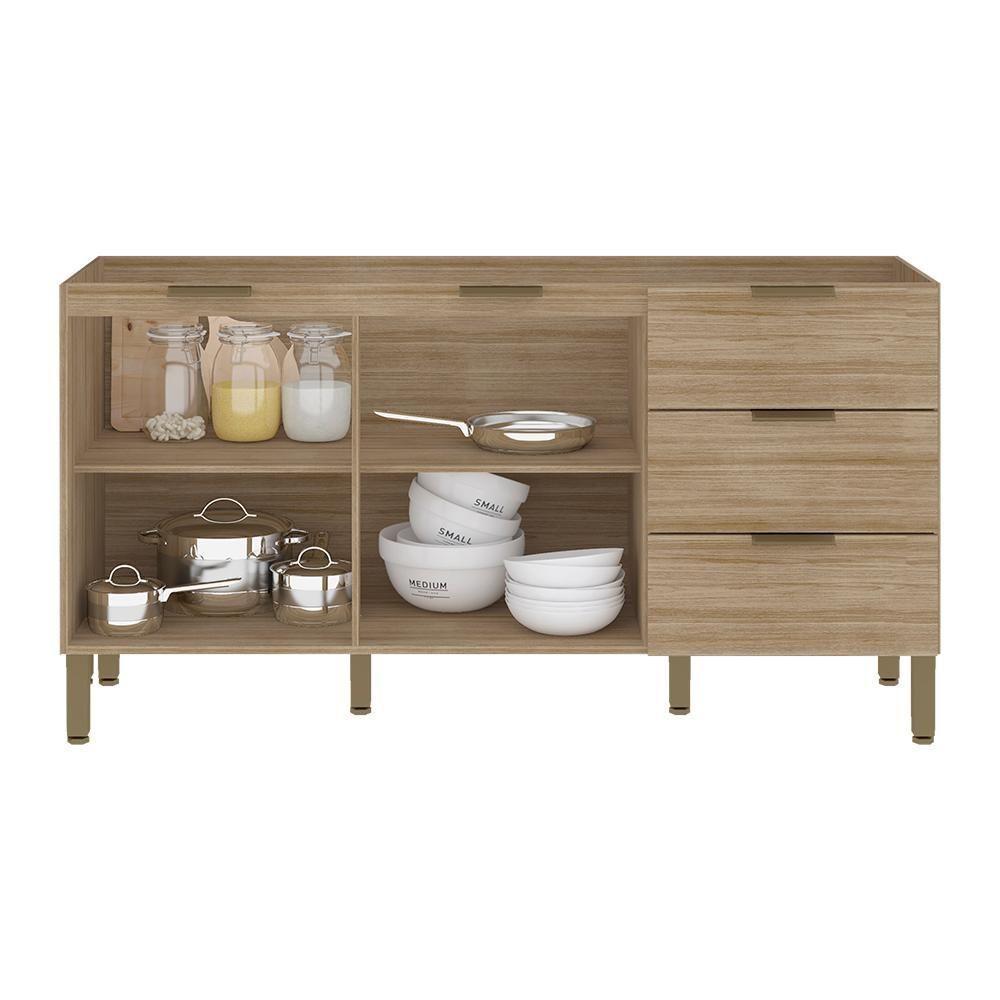 Balcao Para Pia 2 Portas 3 Gavetas 160 Cm Glam Freijo Ktp Freijo - 6