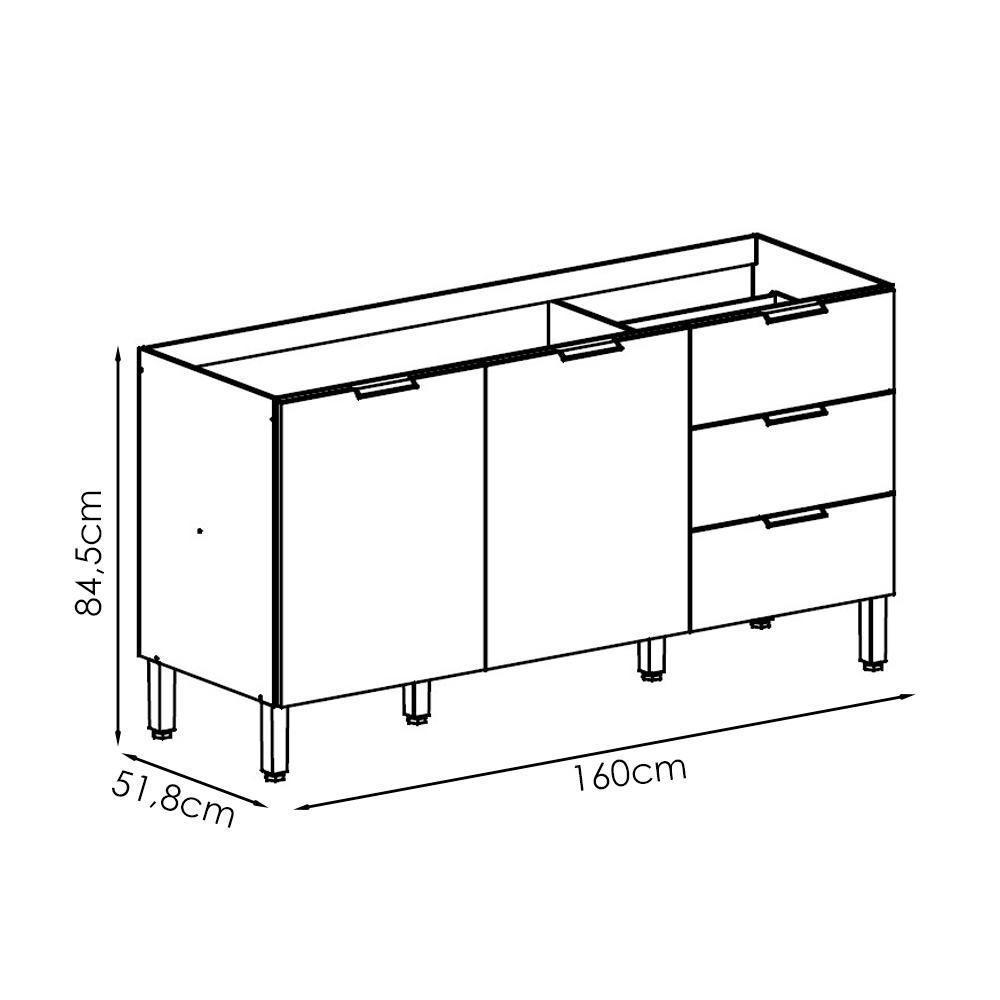 Balcao Para Pia 2 Portas 3 Gavetas 160 Cm Glam Freijo Ktp Freijo - 7