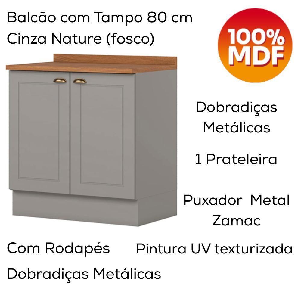 Balcao Com Tampo 2 Portas 80cm Americana Cinza Nature Henn Cinza Nature - 4