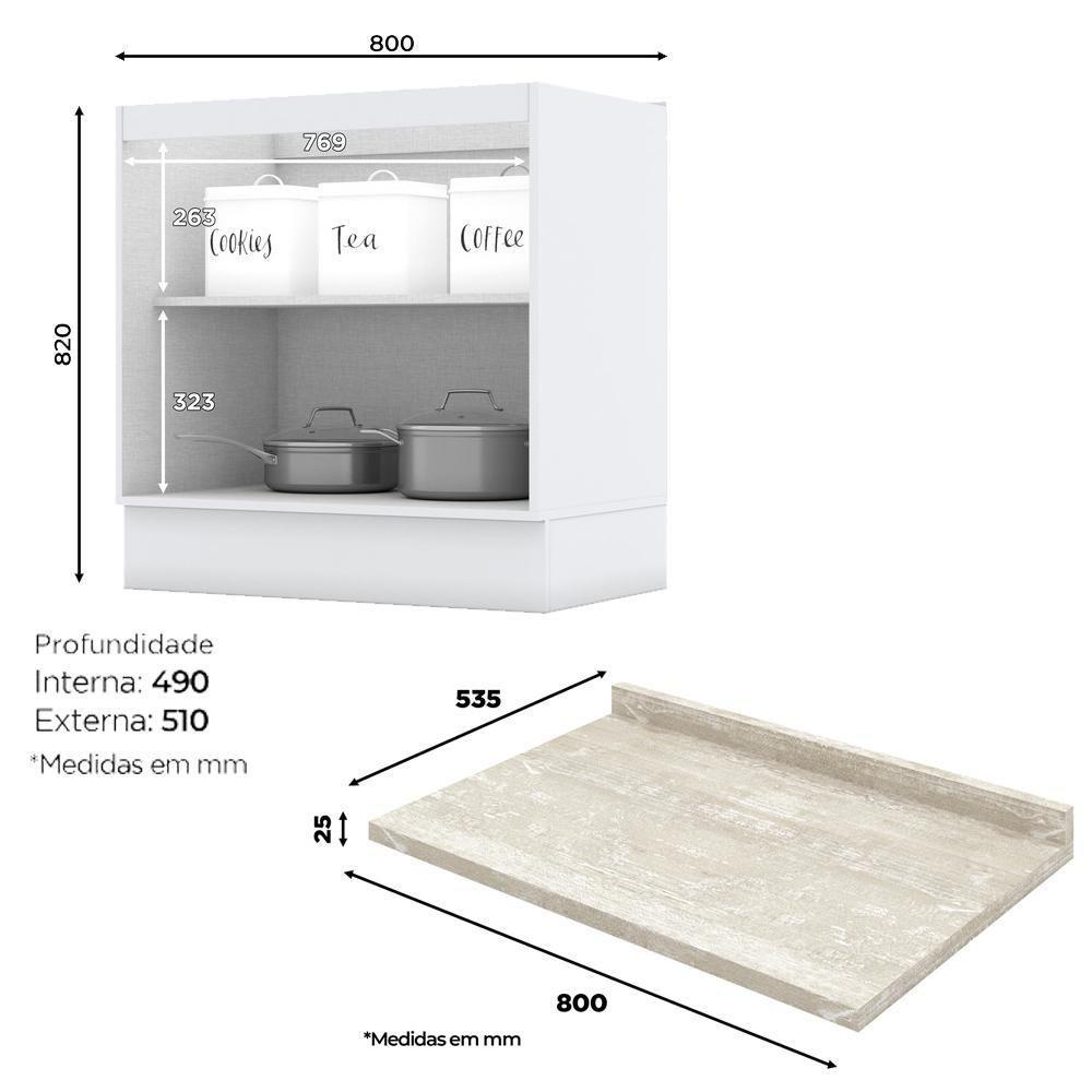Balcao Com Tampo 2 Portas 80 Cm Americana Branco Calcare Henn Branco Calcare - 3