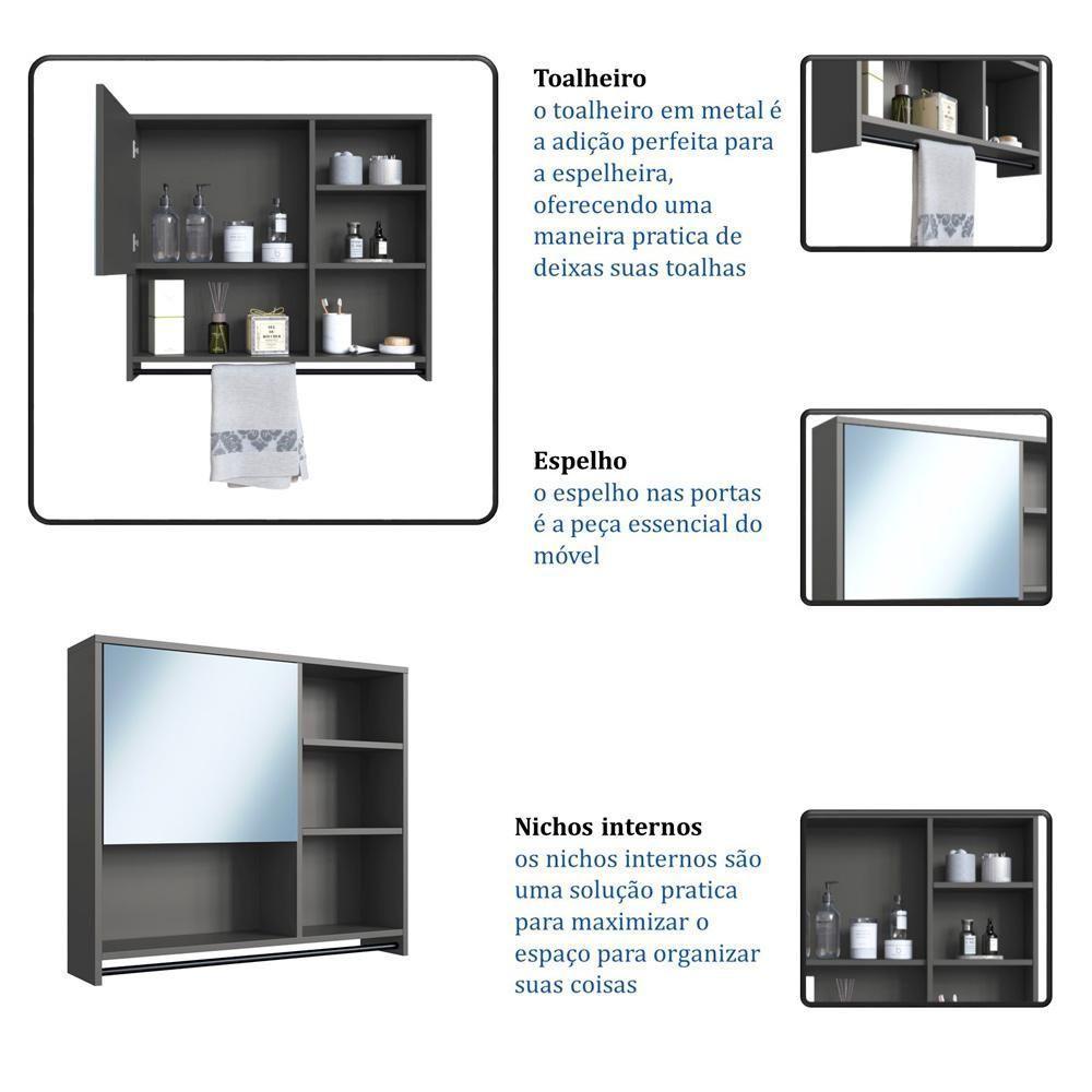Armario Espelheira Suspenso 80cm 1 Porta P1042 Grafite Pp Milani Store Grafite - 7