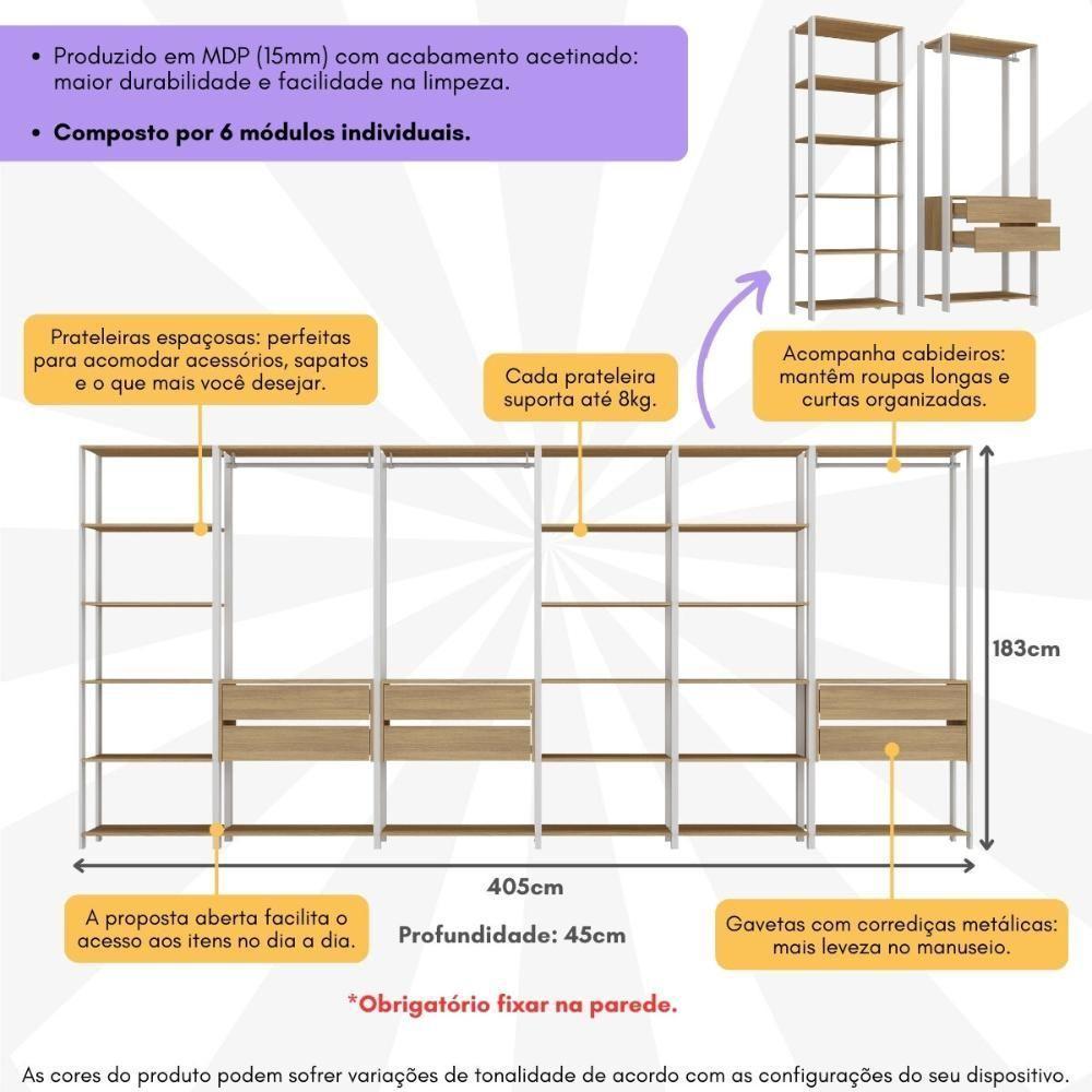Closet Aberto Modulado Arara Organizadora Com Cabideiro 405cm Allegra Multimóveis Mp4391 Branco/madeirado - 3