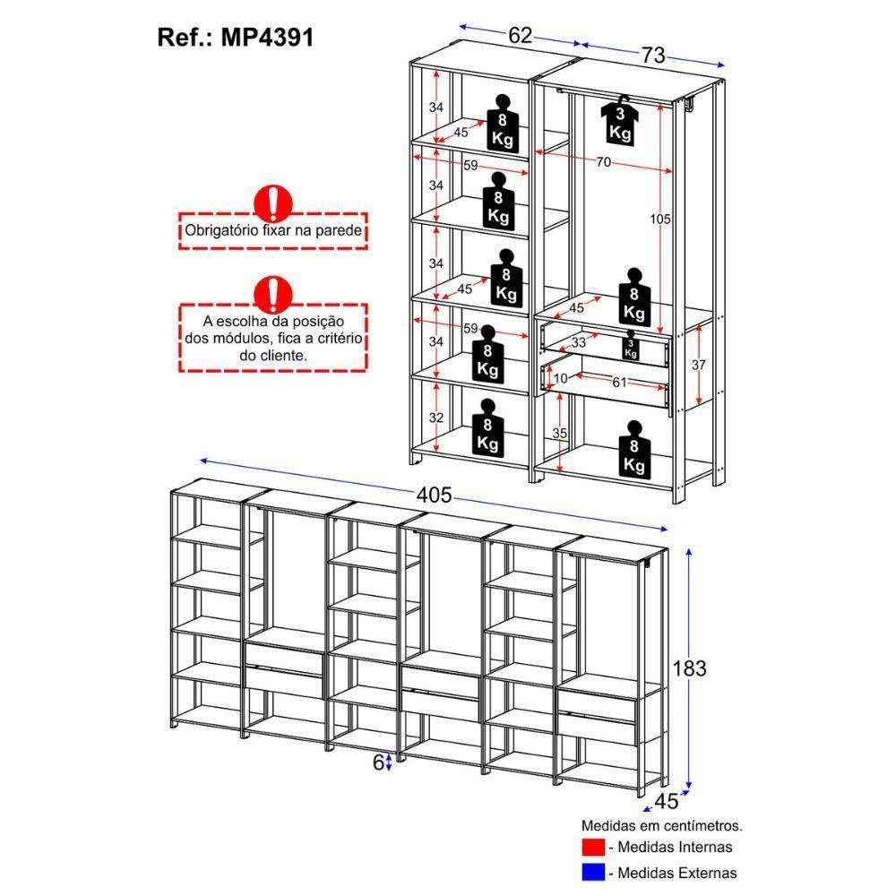 Closet Aberto Modulado Arara Organizadora Com Cabideiro 405cm Allegra Multimóveis Mp4391 Branco/madeirado - 4