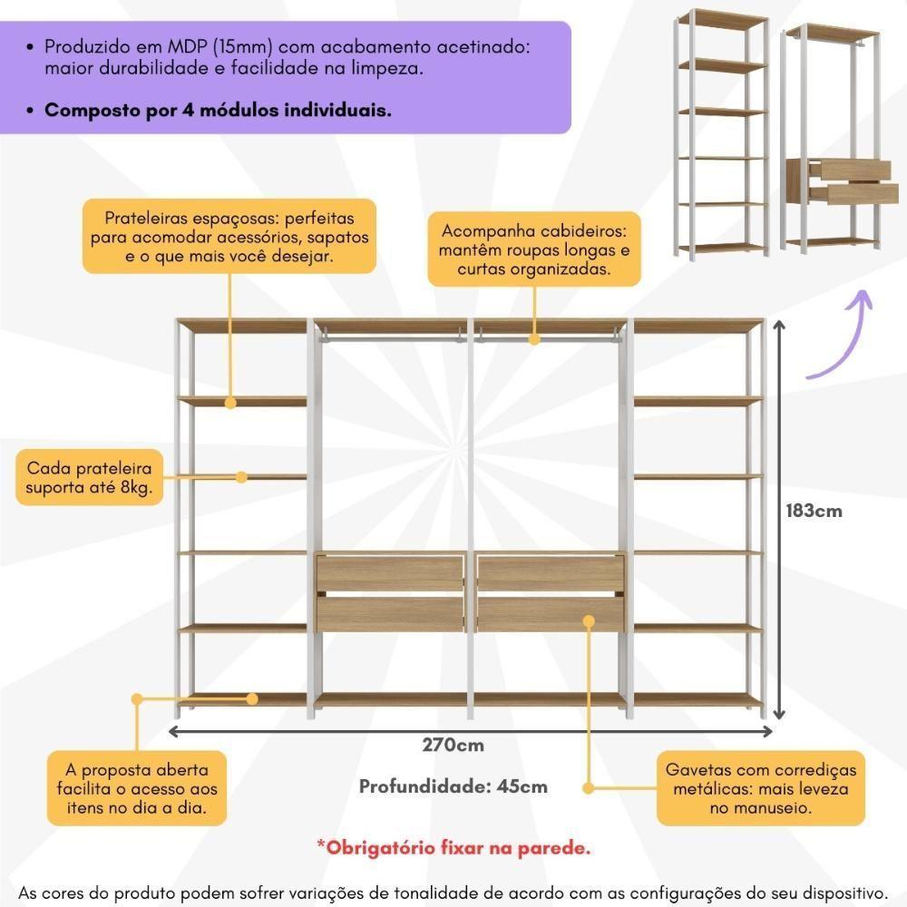 Closet Aberto Modulado Arara Organizadora Com Cabideiro 270cm Allegra Multimóveis Mp4390 Branco/madeirado - 3