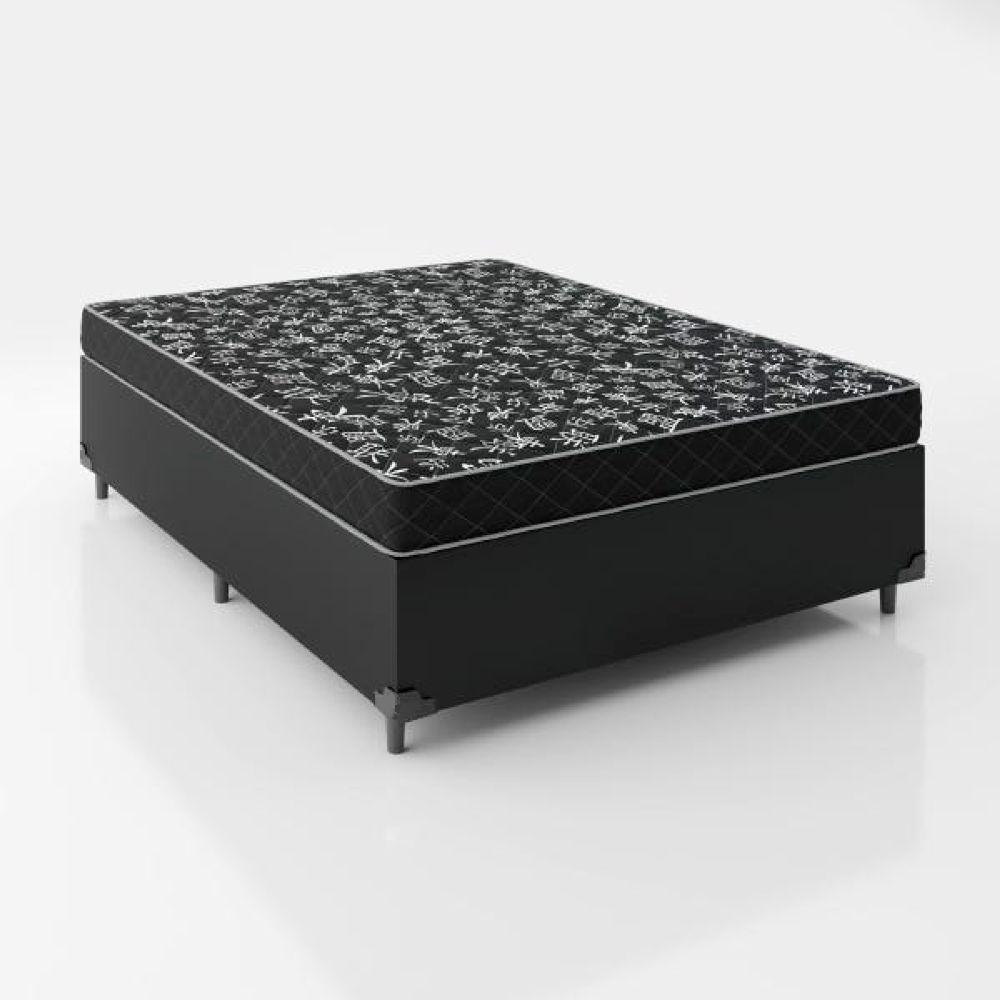 Cama Box Casal 138 Tecido Sintético Preto Com Colchão Espuma D20 - Tampo Preto 12cm - 2