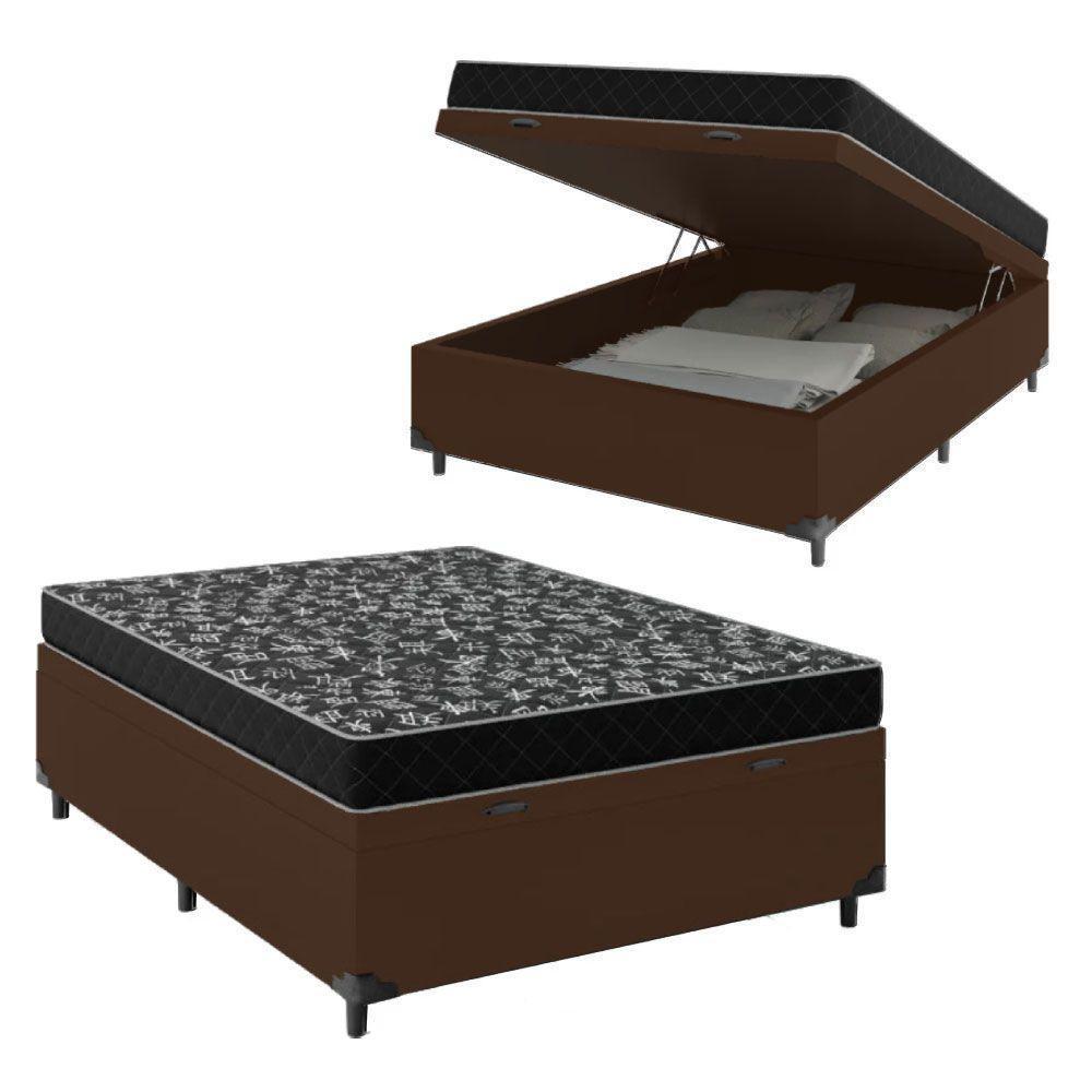 Cama Box Baú Viúva 128 Tecido Sintético Marrom Com Colchão Espuma D20 - Tampo Preto Bello Box 12cm - 1