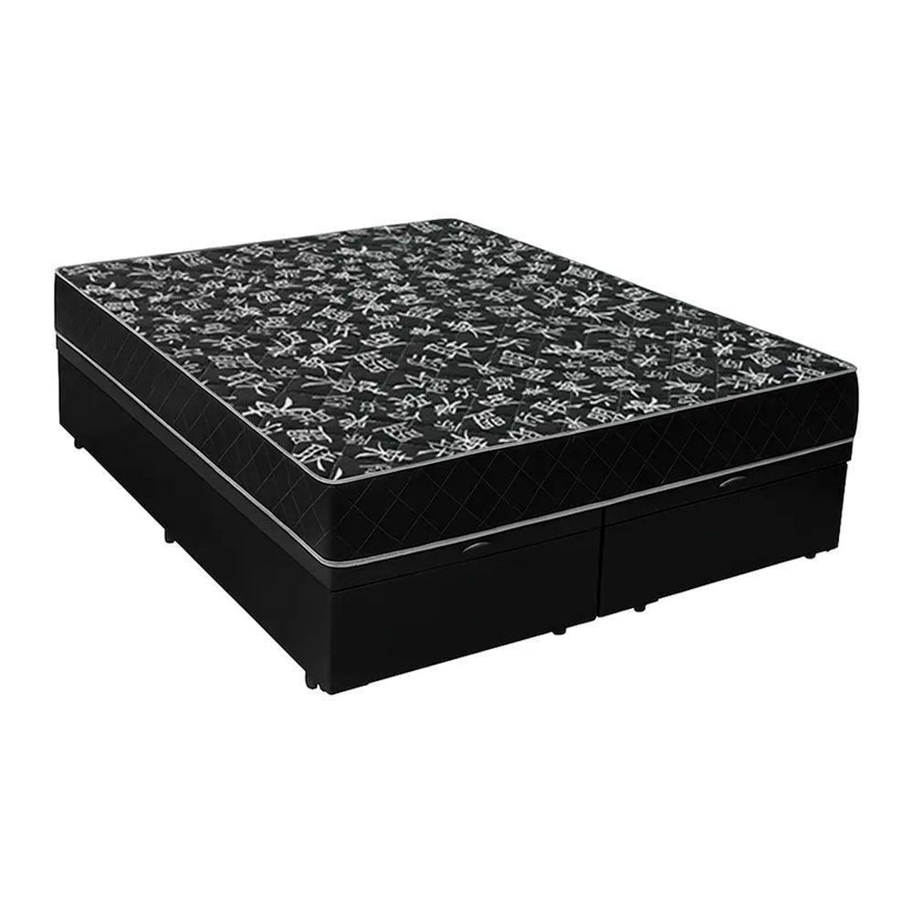 Cama Box Baú Queen 158 Tecido Sintético Preto Com Colchão Espuma D20 - Tampo Preto Bello Box 12cm - 1