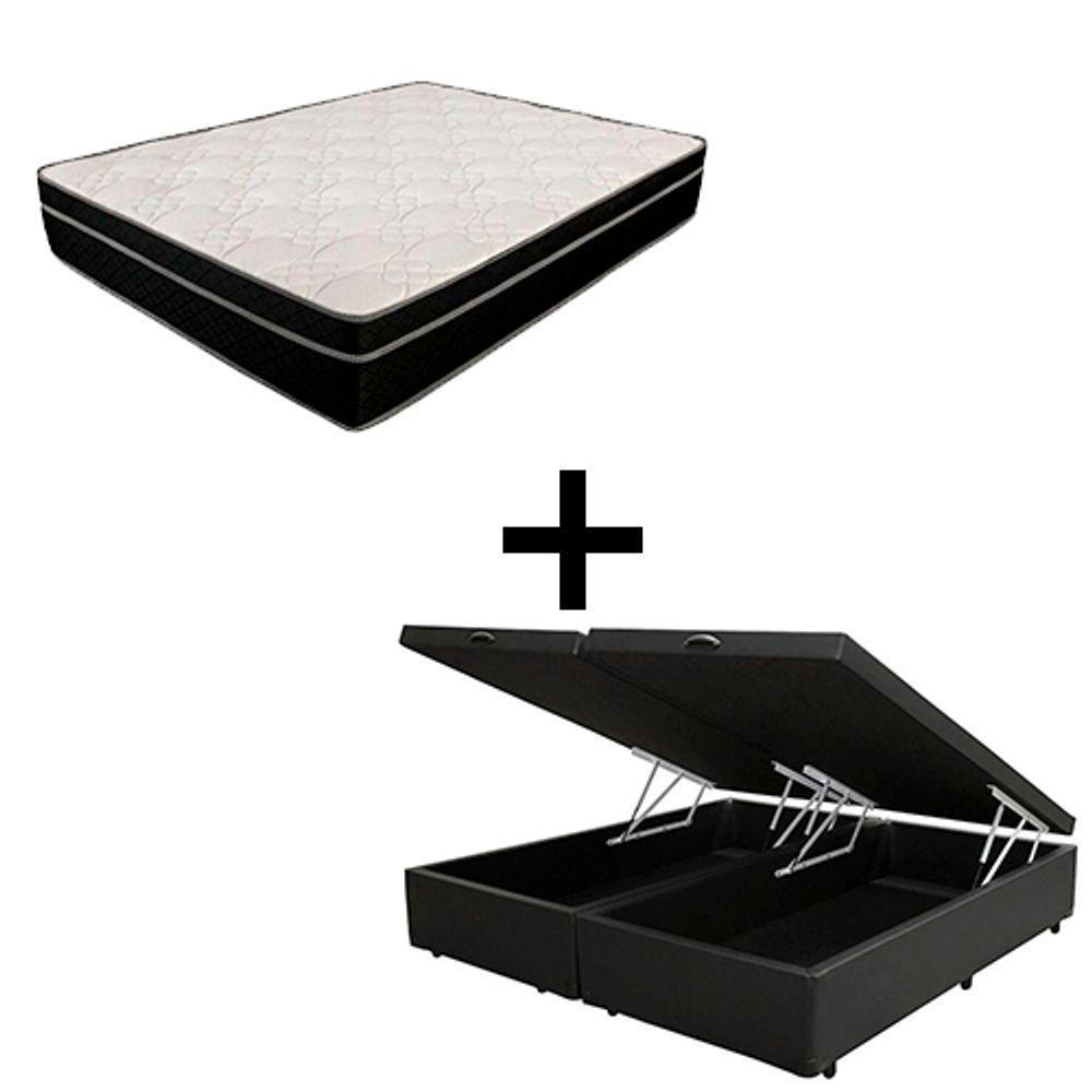 Cama Box Baú Casal 138 Bipartido - Tecido Sintético Preto Com Colchão Paris - Molas Ensacadas Preto 67x138x188 - 1