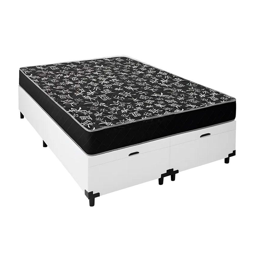 Cama Box Baú Casal 138 Bipartido Tecido Sintético Branco Com Colchão Espuma D20 - Tampo Preto Bello Box 12cm - 1