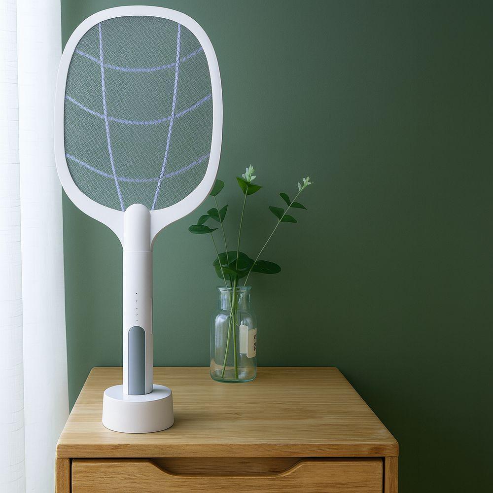 Raquete Elétrica Mata Insetos Recarregável Usb Com Base E Luz Led Uv - 2