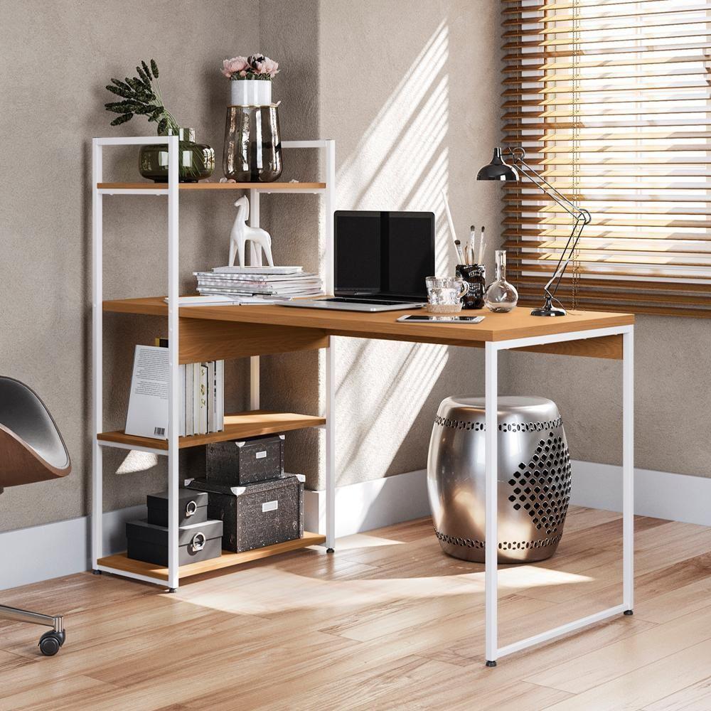 Mesa Escrivaninha Prateleiras 136 Cm Li010 Canela Branco Kpb Canela Branco - 6