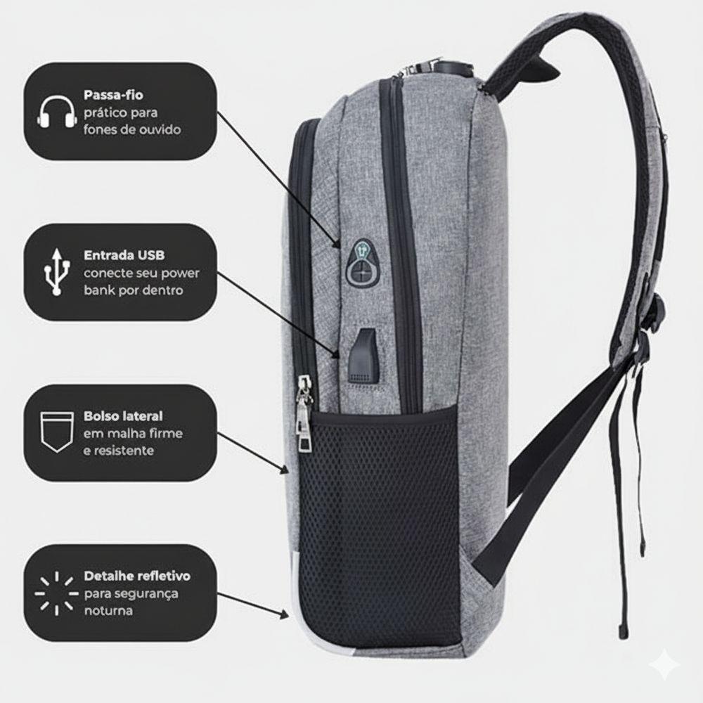 Mochila Para Notebook Executiva Usb Antirrespingos Com Compartimento Acolchoado Cinza - 5