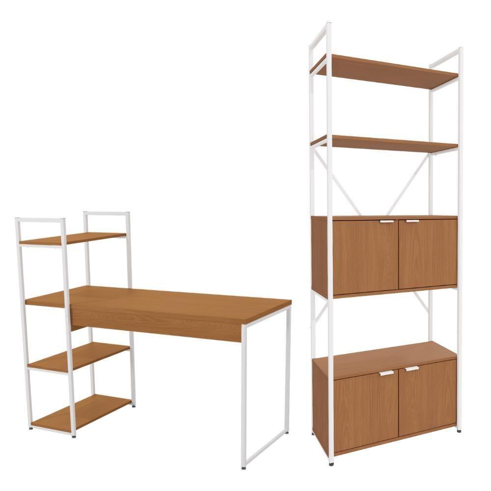 Mesa Escrivaninha E Estante Alta 4 Portas Canela Branco Kpb Canela Branco - 1