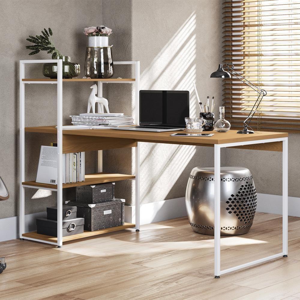 Mesa Escrivaninha E Estante Alta 4 Portas Canela Branco Kpb Canela Branco - 2