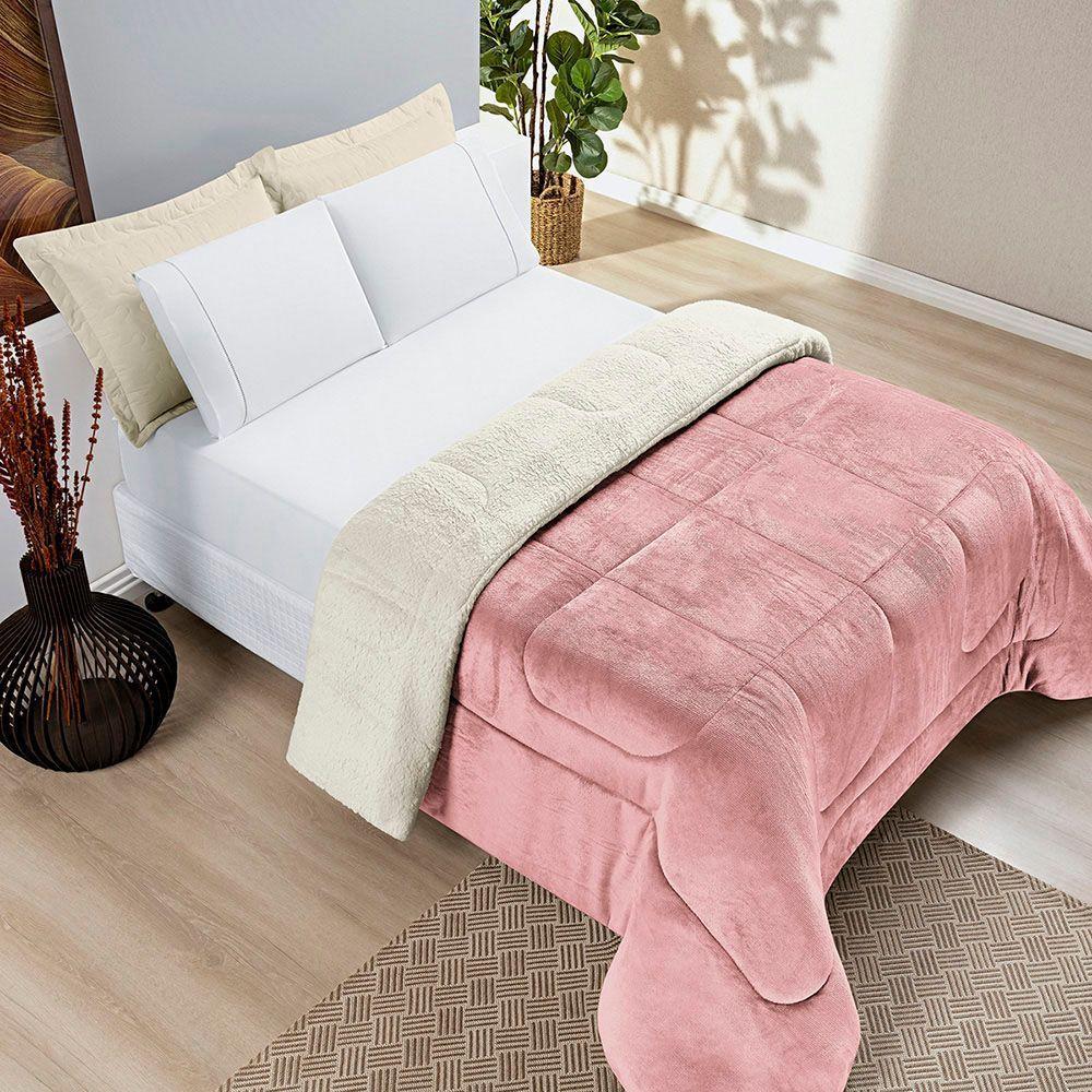 Edredom Versatil Solteiro Dupla Face Sherpa Toque Lã Carneiro - Rosa - 100% Poliéster - 5