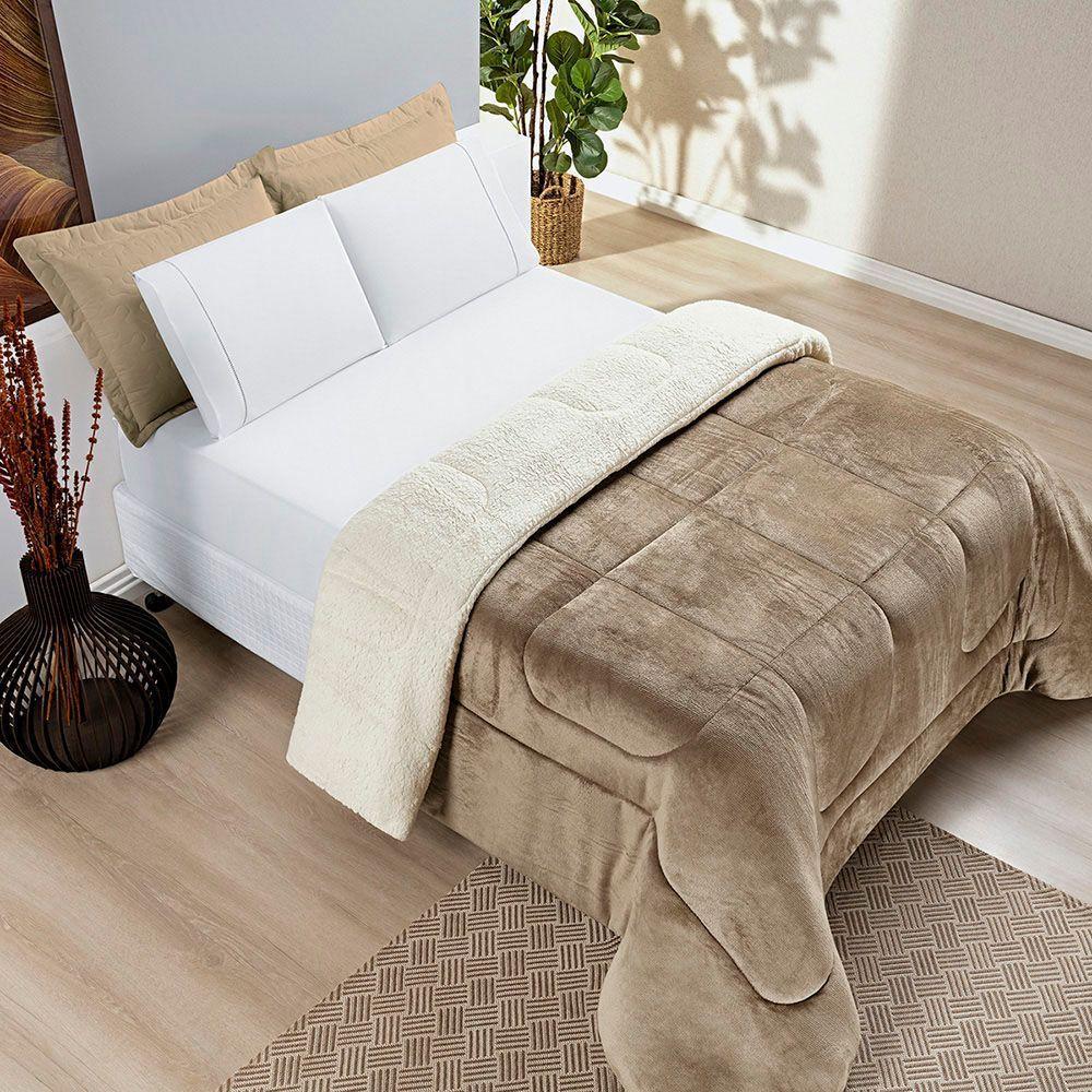 Edredom Versatil King Dupla Face Sherpa Toque Lã Carneiro - Cáqui - 100% Poliéster - 5