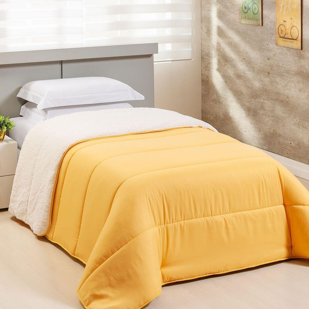 Coberdrom 1 Peça Solteiro Percal 200 Fios Com Sherpa Flupy 100% Poliéster - Amarelo - 1