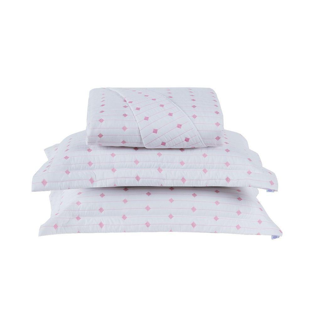 Cobre Leito 3 Peças Casal Percal 200 Fios Decor 100% Poliéster - Branco/pink - 1