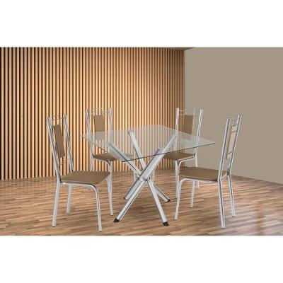 Kit 4 Cadeiras Sala Jantar Volga C- Tampo De Vidro 90cm E 4 Cadeiras Florença Cromada - Courano Capuccino - Kappesberg