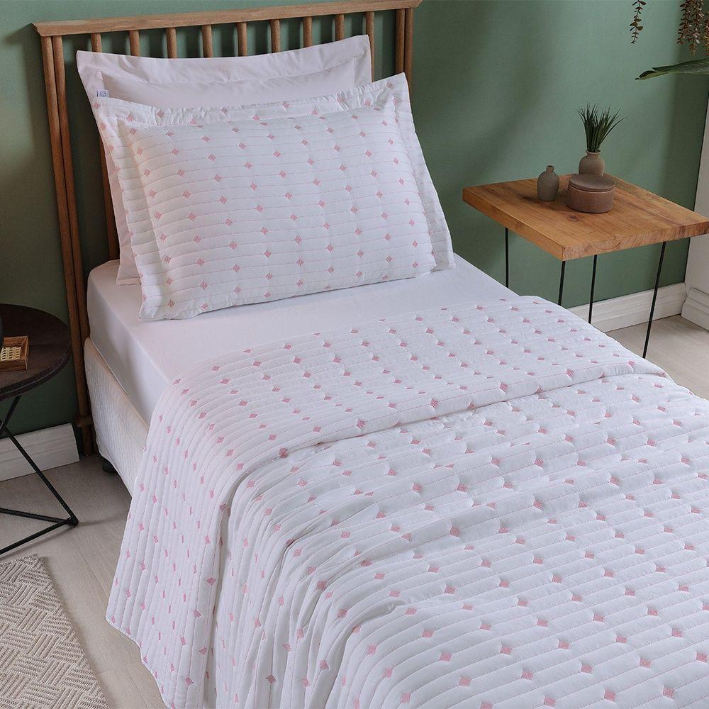 Cobre Leito 2 Peças Solteiro Percal 200 Fios Decor 100% Poliéster - Branco/pink - 4