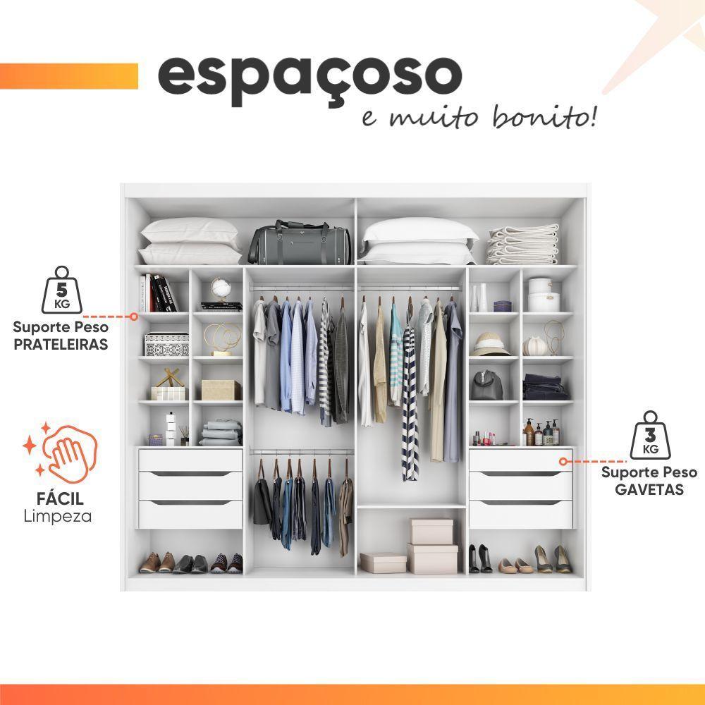 Guarda Roupas Casal 2 Portas De Correr Com Espelho 100% Mdf 6 Gavetas Firenze Branco - 6