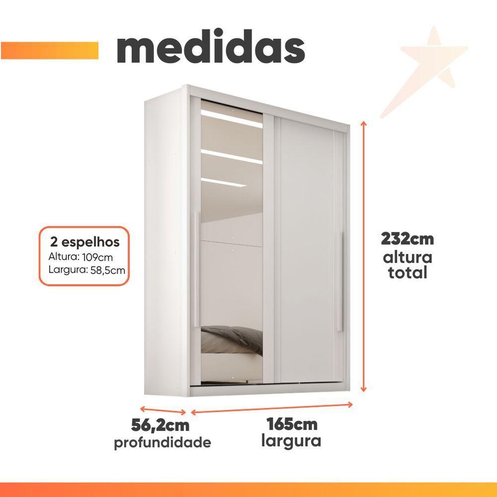Guarda Roupas Casal 2 Portas De Correr Com Espelho 100% Mdf 3 Gavetas Ravena Branco - 9