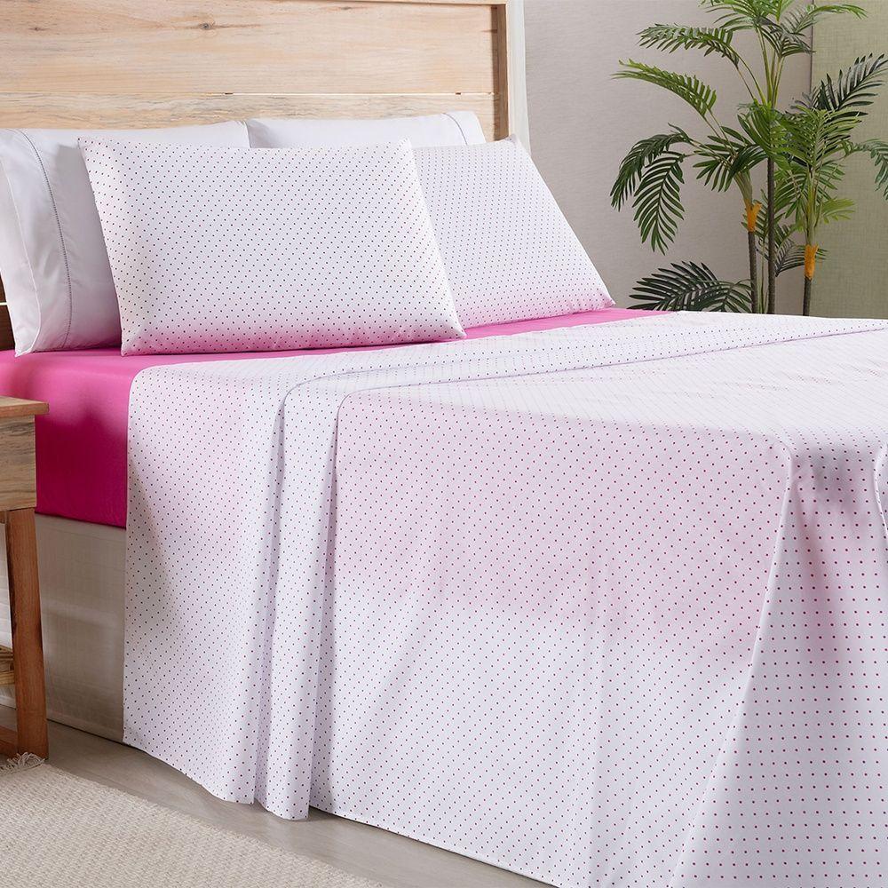 Jogo De Lençol 4 Peças Casal Percal 180 Fios Homme 60% Algodão 40% Poliéster - Polka Pink - 4