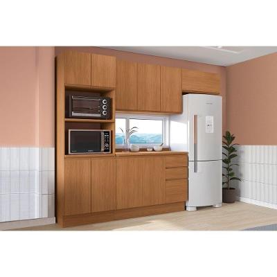 Cozinha Completa Ciela 5 Peças 5 Portas 4 Gavetas MDF 120cm Amadeirado com Puxadores em Metal