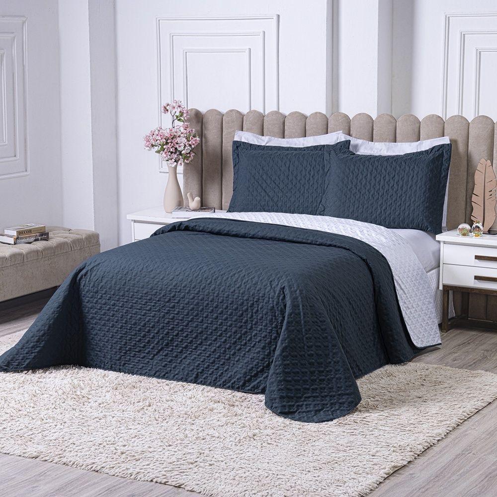 Kit Cobre Leito Milão Queen 3 Peças 100% Poliéster - Petroleo / Branco - 2