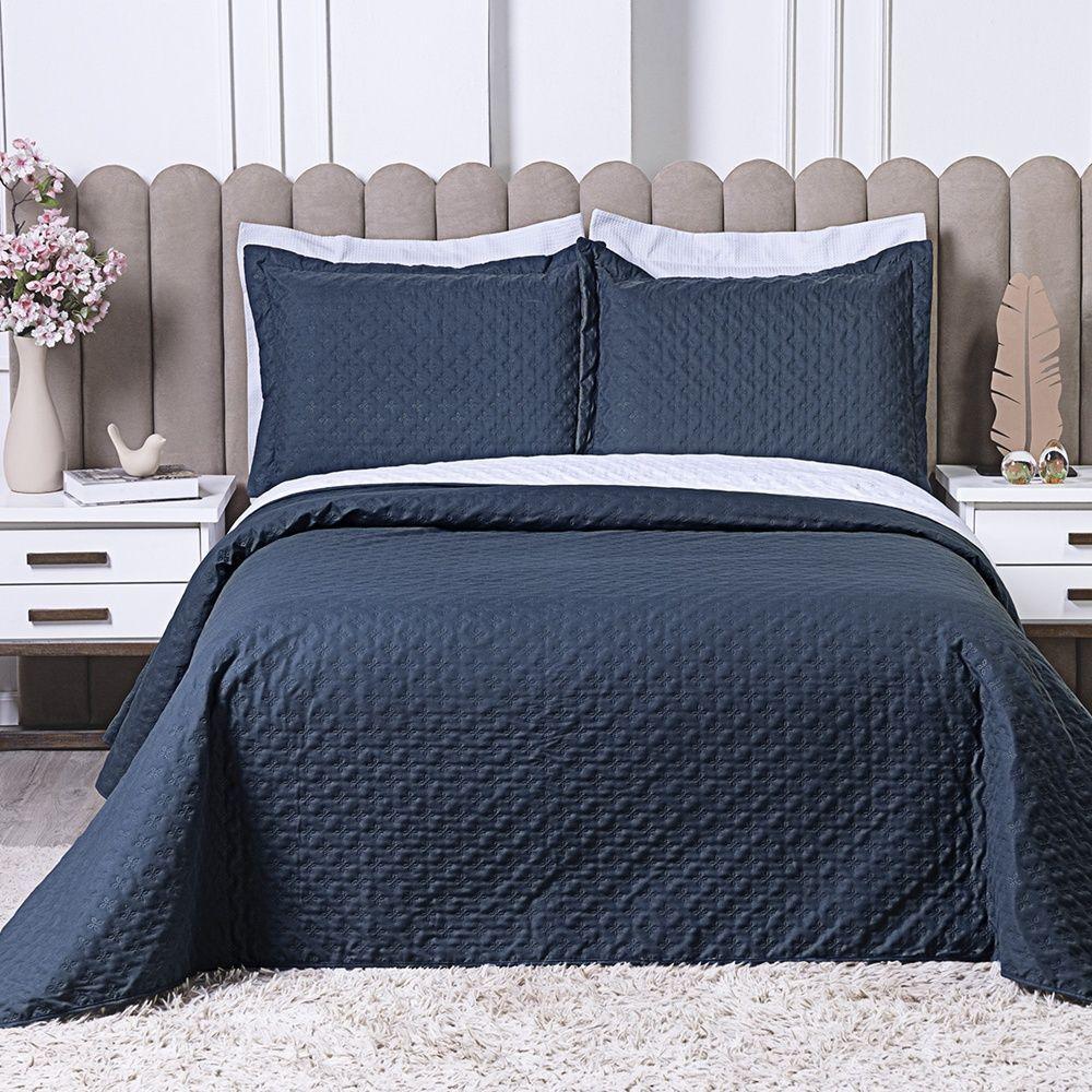 Kit Cobre Leito Milão Casal 3 Peças 100% Poliéster - Petroleo / Branco - 2