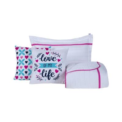 Kit Cobre Leito 4 Peças Solteiro Inove Percal 200 Fios 100% Poliéster - Love Branco/pink