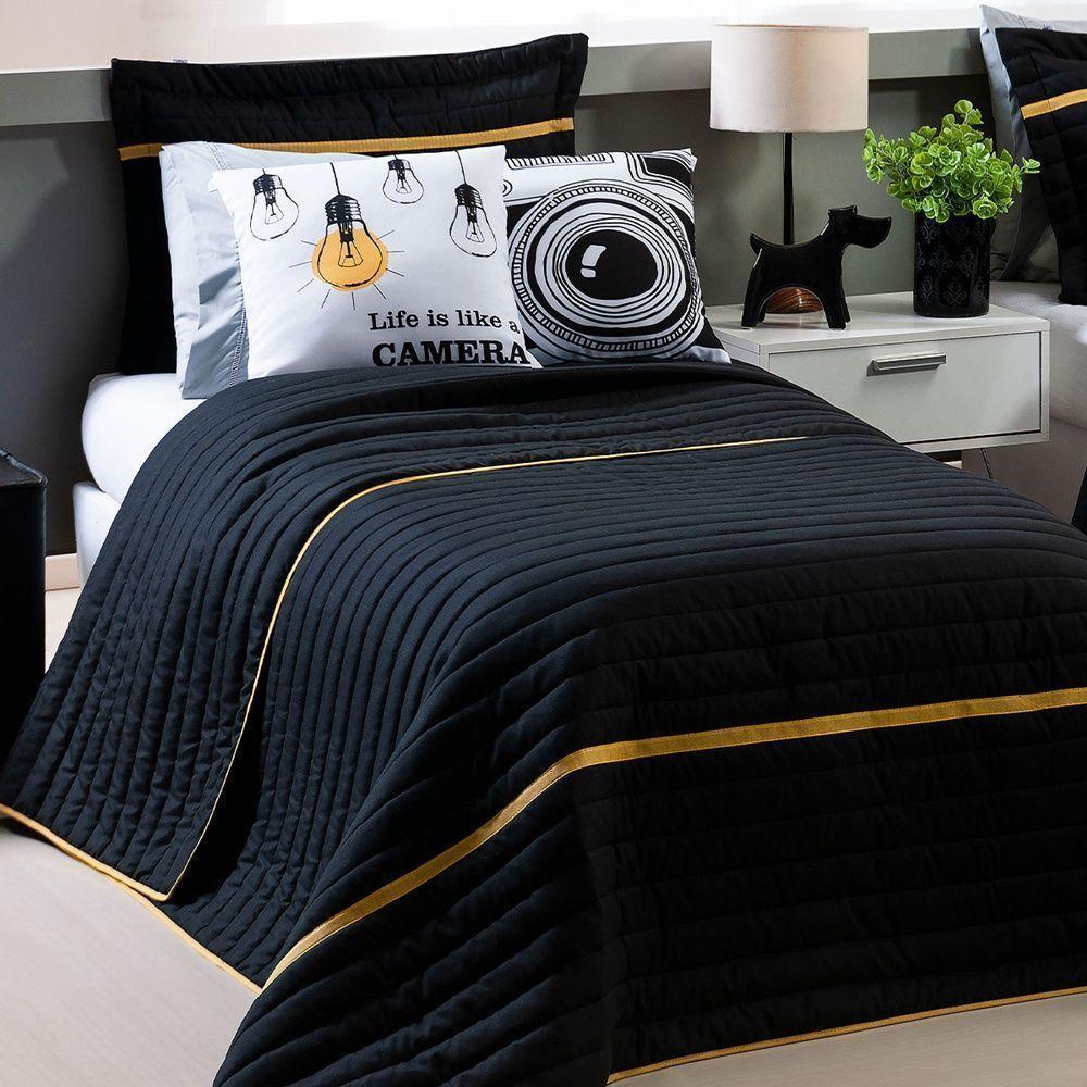 Kit Cobre Leito 4 Peças Solteiro Inove 100% Poliéster - Selfie Preto/mostarda - 1