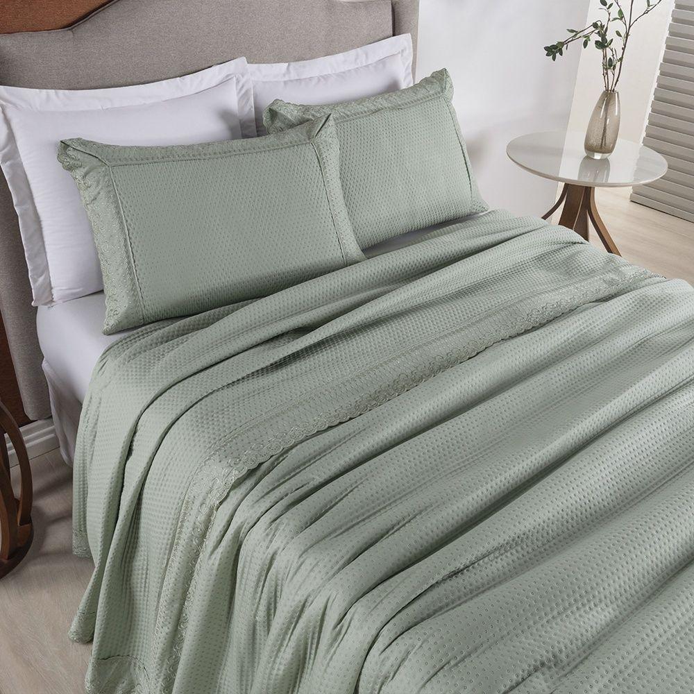 Kit Colcha 3 Peças Queen Percal 300 Fios Bordado Inglês Home Paris - Verde - 4