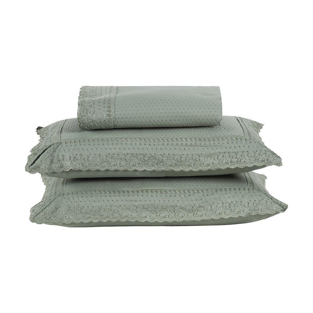Kit Colcha 3 Peças Queen Percal 300 Fios Bordado Inglês Home Paris - Verde - 1