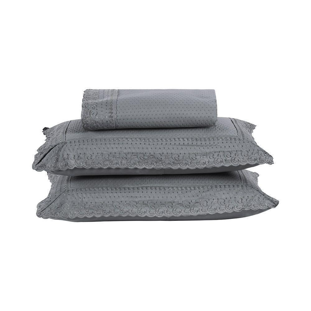 Kit Colcha 3 Peças Queen Percal 300 Fios Bordado Inglês Home Paris - Cinza - 1
