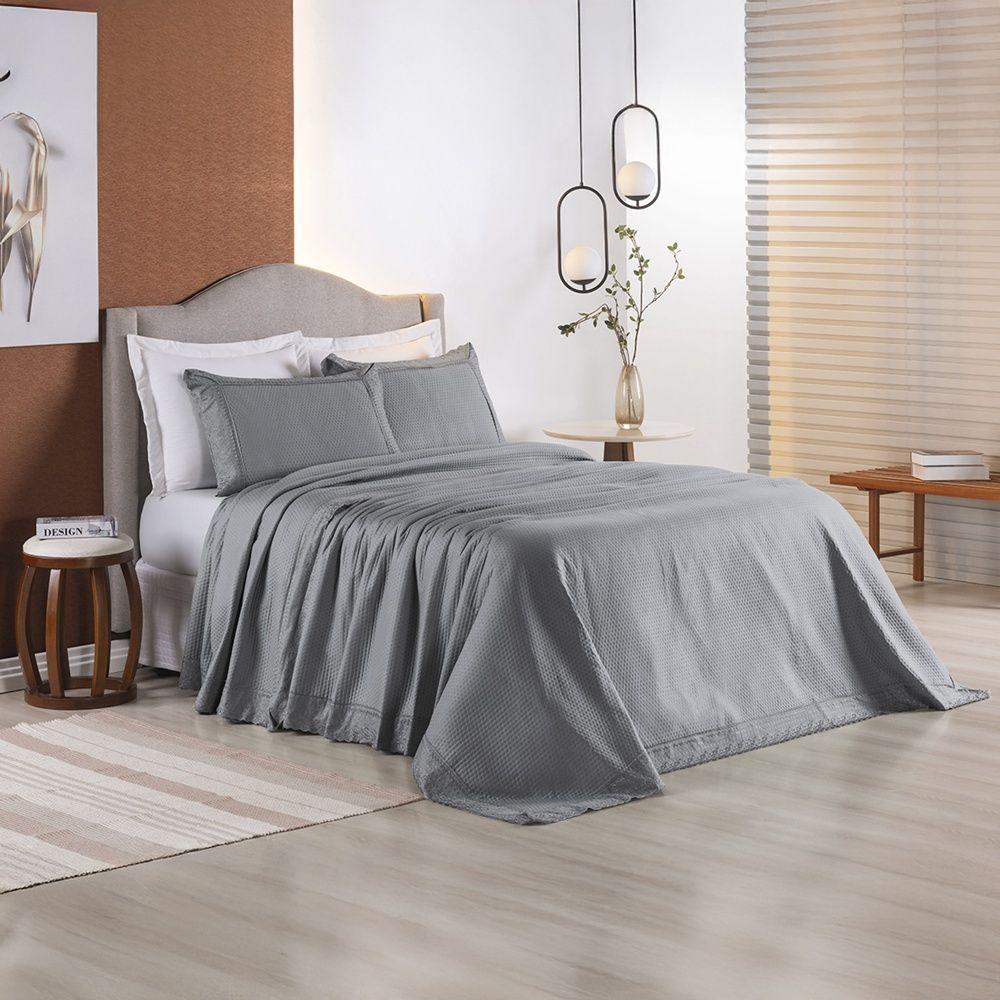Kit Colcha 3 Peças Queen Percal 300 Fios Bordado Inglês Home Paris - Cinza - 2