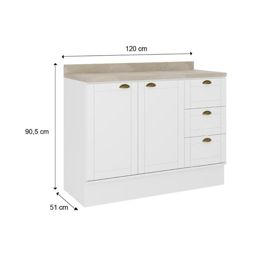 Gabinete P- Pia Cozinha Balcão Bella 2608 2 Portas E 3 Gavetas S-tampo 120cm Branco - Carraro - 3