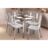 Kit 6 Cadeiras Sala Jantar Elba C- Tampo De Vidro 80x150cm E 6 Cadeiras Florença Cromada - Courano Branco - Kappesberg - 1
