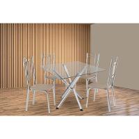 Kit 4 Cadeiras Sala Jantar Volga C- Tampo De Vidro 90cm E 4 Cadeiras Florença Cromada - Courano Bege - Kappesberg - 1