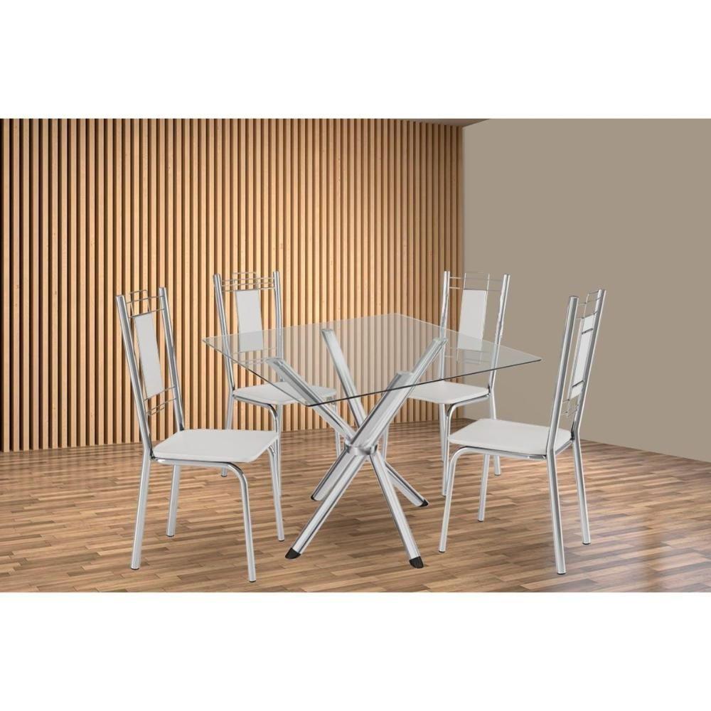 Kit 4 Cadeiras Sala Jantar Volga C- Tampo De Vidro 90cm E 4 Cadeiras Florença Cromada - Courano Branco - Kappesberg - 1