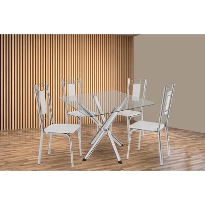 Kit 4 Cadeiras Sala Jantar Volga C- Tampo De Vidro 90cm E 4 Cadeiras Florença Cromada - Courano Branco - Kappesberg