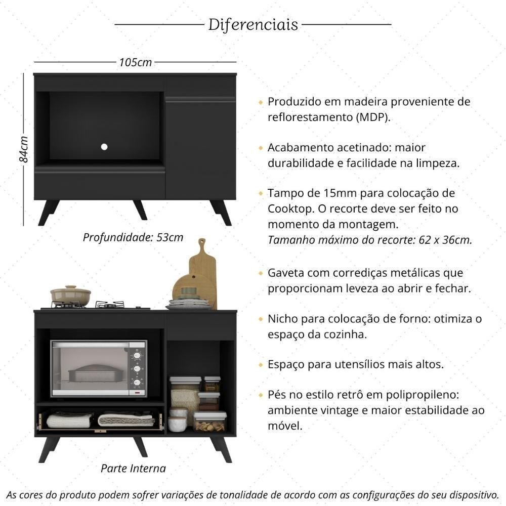 Balcão Para Cooktop E Forno 105cm 1 Porta 1 Gaveta Veneza Multimóveis Mp2258 - Preto - 3