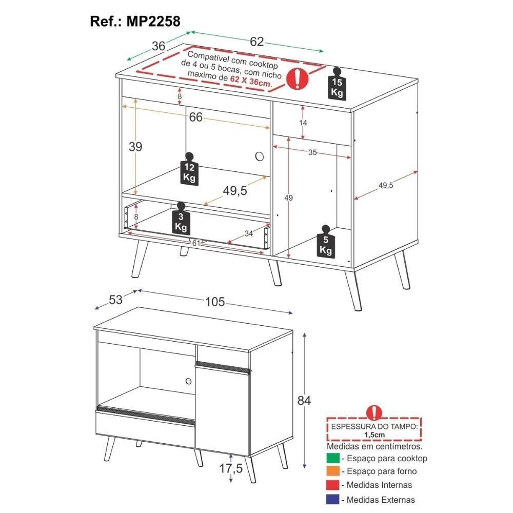 Balcão Para Cooktop E Forno 105cm 1 Porta 1 Gaveta Veneza Multimóveis Mp2258 - Branco - 4