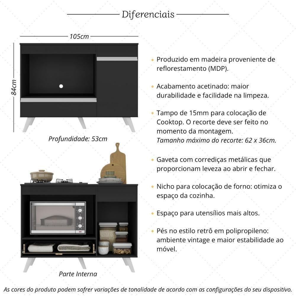 Balcão Para Cooktop E Forno 105cm 1 Porta 1 Gaveta Veneza Multimóveis Mp2258 - Preto/branco - 3