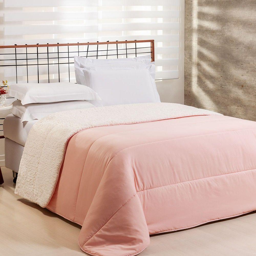 Coberdrom 1 Peça Solteiro Percal 200 Fios Com Sherpa Flupy 100% Poliéster - Rosa - 1