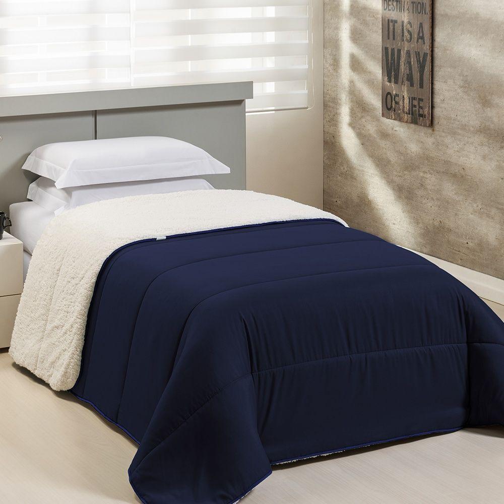Coberdrom 1 Peça Solteiro Percal 200 Fios Com Sherpa Flupy 100% Poliéster - Marinho - 1