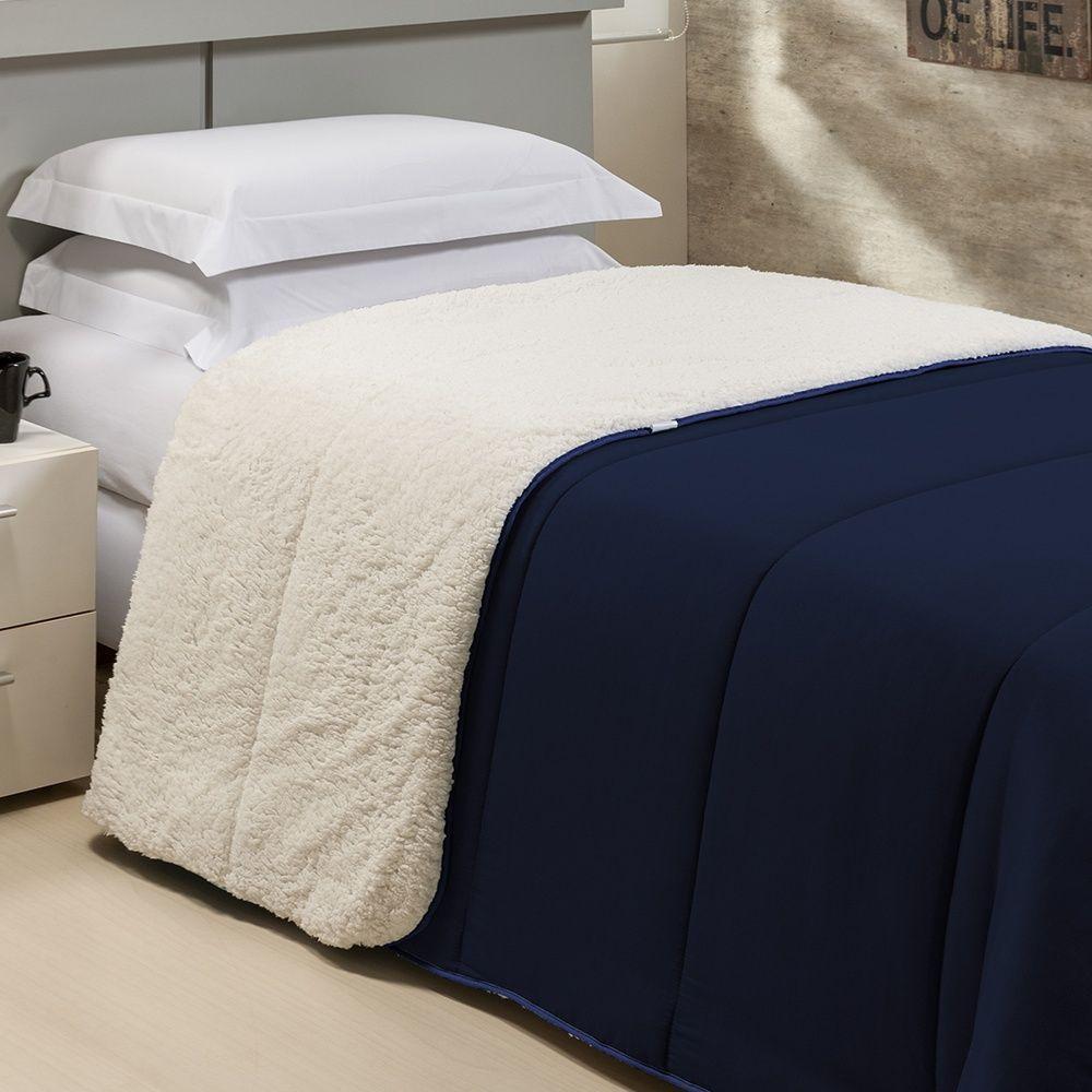 Coberdrom 1 Peça Solteiro Percal 200 Fios Com Sherpa Flupy 100% Poliéster - Marinho - 3